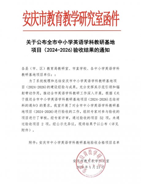 野寨中学主持的安庆市英语教研基地项目顺利通过验收